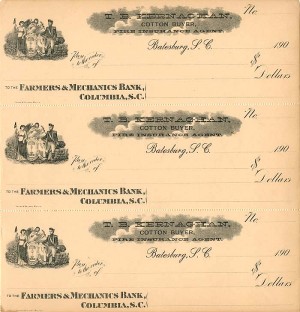 Farmers and Mechanics Bank, Columbia, S.C. - Sheet of 3 Unissued Checks
